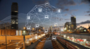 Different network traffic represented by computer, server and file icons all connected by network lines