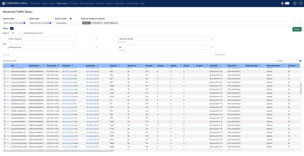 Picture showing the advanced traffic query card through CYBERSPAN